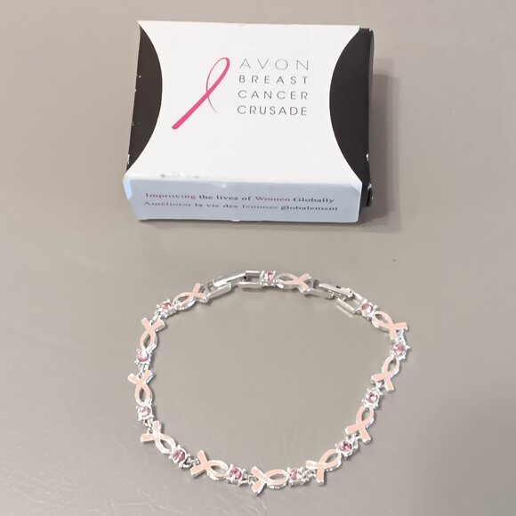 Avon Breast Cancer Crusade Tennis Bracelet pink ribbon & rhinestone - NIOB - Picture 1 of 9